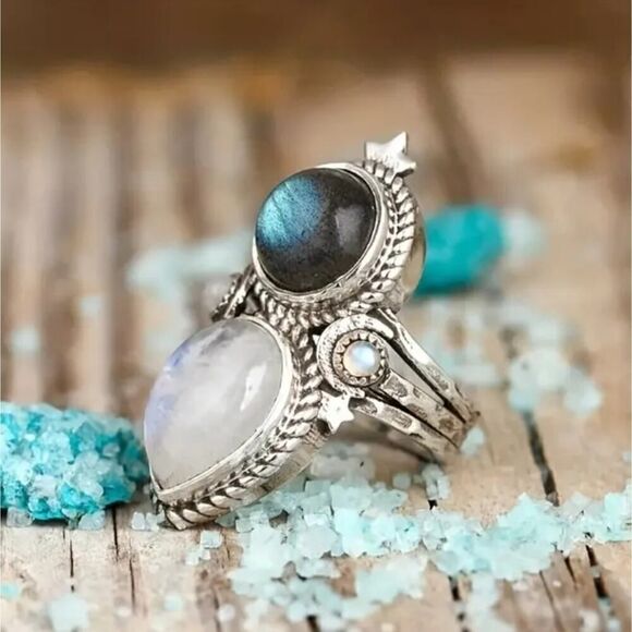 Vintage Style Silver Plated Ring  Moonstone and Labradorite Gemstone - Picture 11 of 12